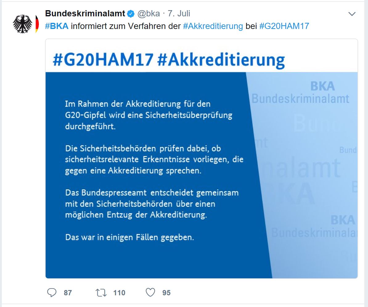  – Twitter-Screenshots von Weser Kurier und BKA zur eingeschränkten Berichterstattung rund um den G20-Gipfel in Hamburg